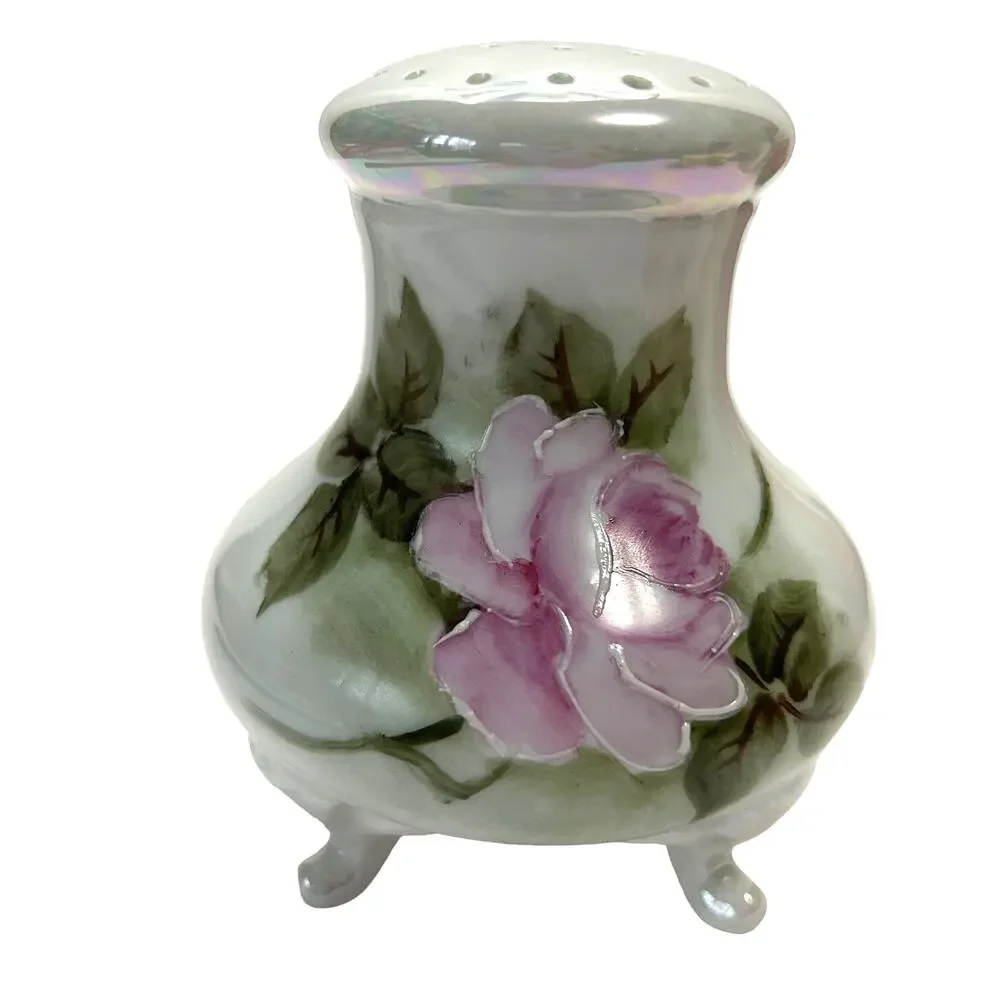 Vintage Handpainted Signed Ceramic/Porcelain Rose Hatpin‎ Holder/Powder Shaker